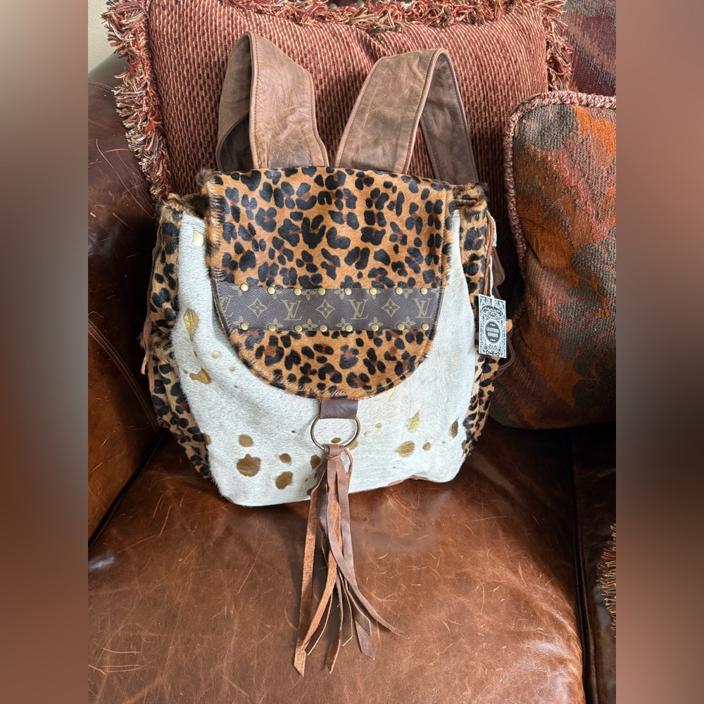 Keep It Gypsy Acid Wash Cowhide Genuine Design Patch Leather Leopard Back Pack